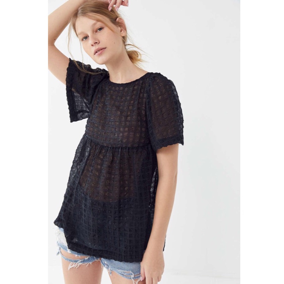 Uo Helena Crinkle Short Sleeve Babydoll Top